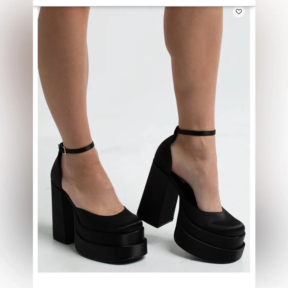 STEVEN MADDEN Charlize Black Satin Platform Heels 8 - Picture 2 of 7